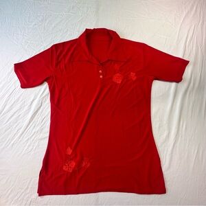 Women's Red Polo Embroidered Shirt Size S Cottagecore, Boho, Grandma, Cowgirl